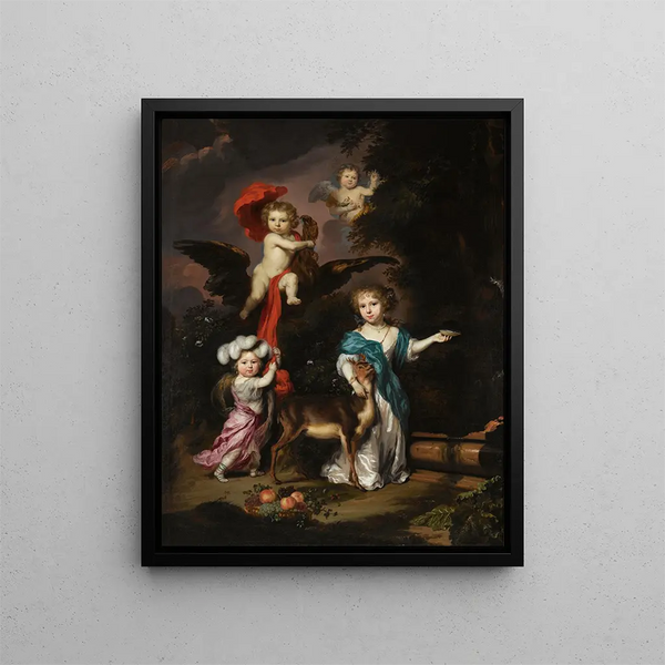 Nicolaes Maes - Pastoral Family Portrait of Four Children Personifying Mythological Figures Including Ganymede And Diana With a Deer.webp