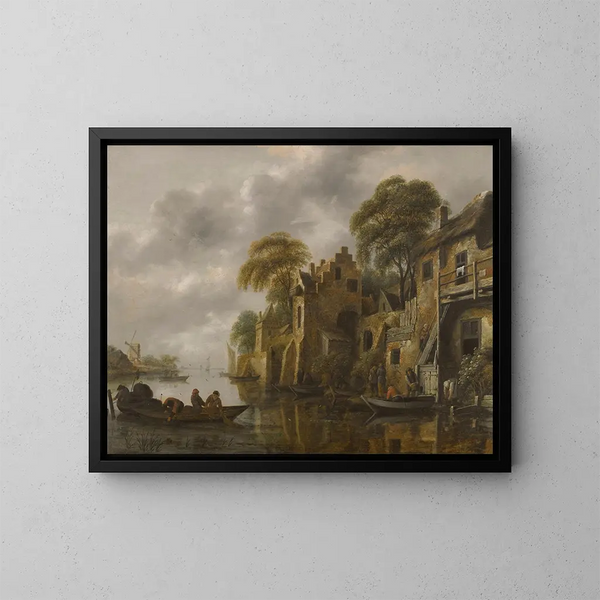 Ein Flusslandschaft mit Fischern, die ihre Netze in der Nähe einer Stadt laden - Nicolaes Molenaer — gerahmtes Bild an der Wand
