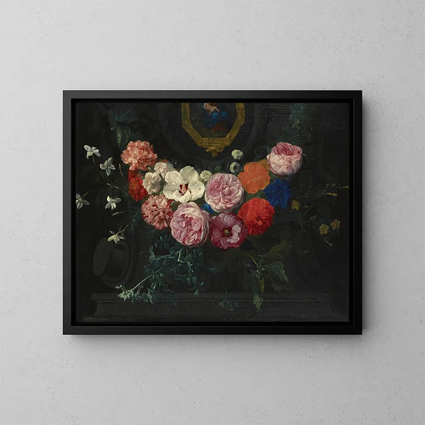 Eine Blumenranke, die einen Kartuschenrahmen mit der Jungfrau und dem Kind umgibt - Nicolaes van Verendael — gerahmtes Bild an der Wand