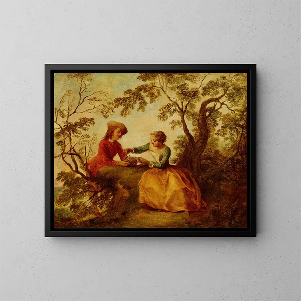 Ein junges Paar in romantischer Szene über einem Vogelnest - Nicolas Lancret — gerahmtes Bild an der Wand