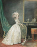 Eine Dame steht in einem Interieur und bereitet sich vor, mit ihrem Hund auszugehen - Nicolas Lavreince — Ansicht des Kunstwerks