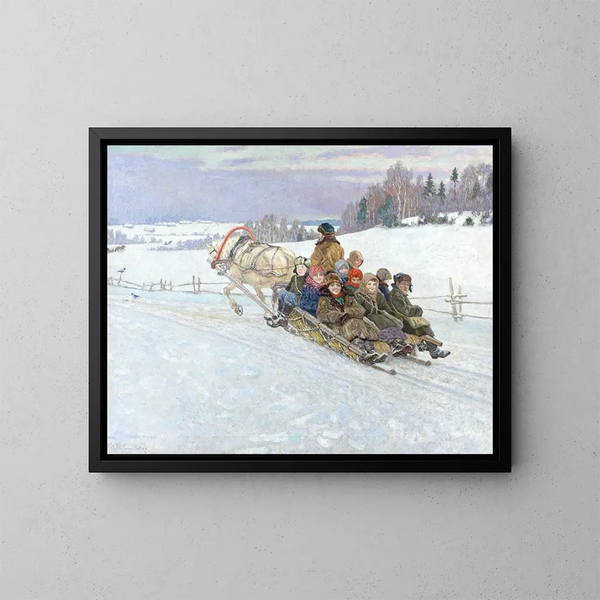 Schneeschlittenfahrt in der winterlichen Russland - Nikolai Bogdanov-Belsky — gerahmtes Bild an der Wand