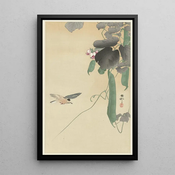 Vogel auf Buschbohne mit Blüten - Ohara Koson — gerahmtes Bild an der Wand
