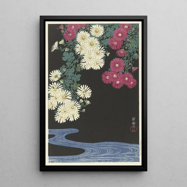 Chrysanthemen und Wasserlauf - Ohara Koson — gerahmtes Bild an der Wand