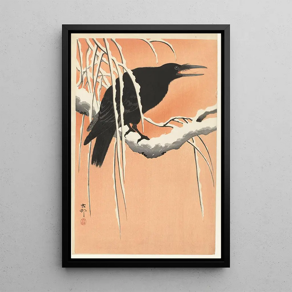 Rabe auf verschneigtem Zweig - Ohara Koson — gerahmtes Bild an der Wand