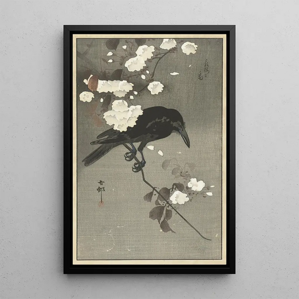 Rabe mit Kirschblüte - Ohara Koson — gerahmtes Bild an der Wand
