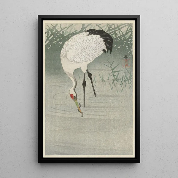Kranich beim Fischen im flachen Wasser - Ohara Koson — gerahmtes Bild an der Wand