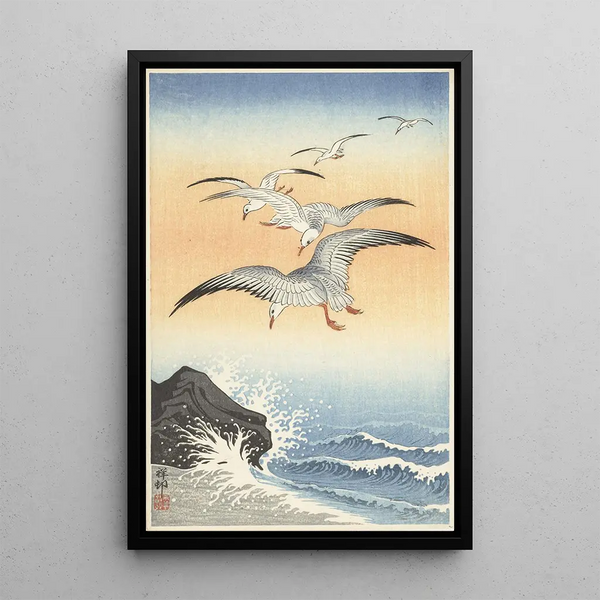 Fünf Möwen über dem aufgewühlten Meer - Ohara Koson — gerahmtes Bild an der Wand