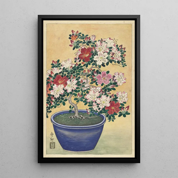 Azalee in Blüte in einer blauen Vase - Ohara Koson — gerahmtes Bild an der Wand