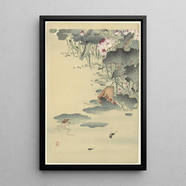 Frosch und Kaulquappen - Ohara Koson — gerahmtes Bild an der Wand