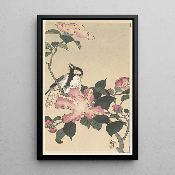 Mésange sur branche avec fleurs roses - Ohara Koson — gerahmtes Bild an der Wand
