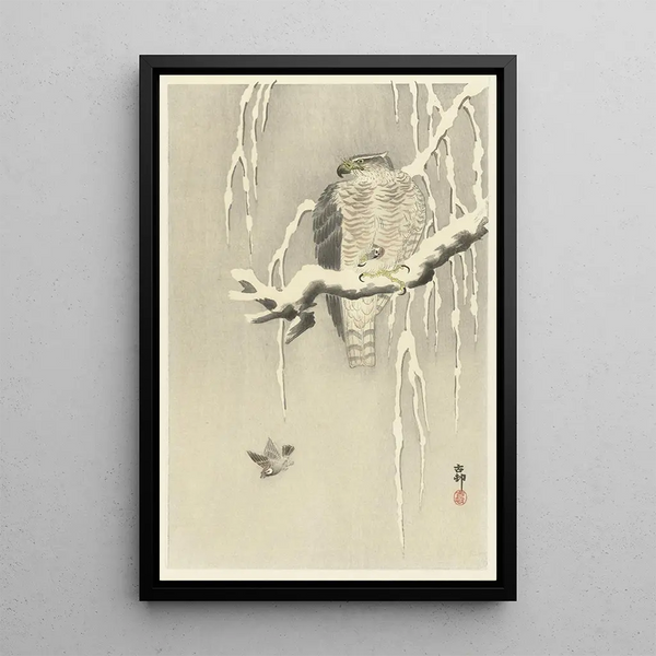 Faucon avec moineau captif - Ohara Koson — gerahmtes Bild an der Wand