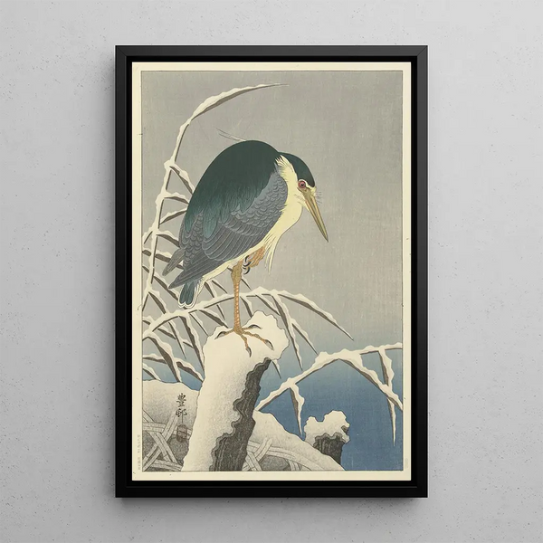 Heron im Schnee - Ohara Koson — gerahmtes Bild an der Wand