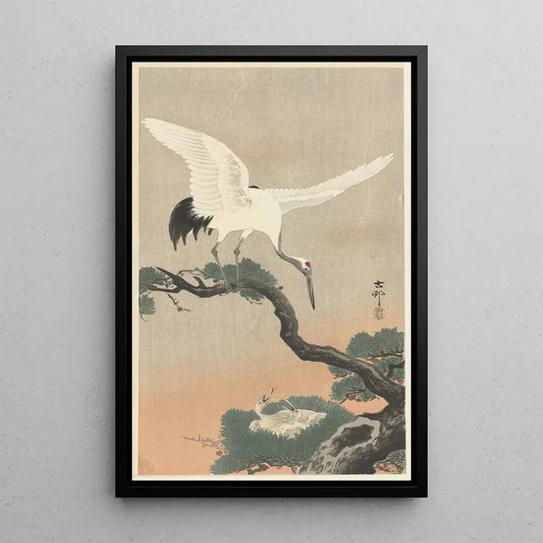 Japanische Kraniche auf Kiefernzweig - Ohara Koson — gerahmtes Bild an der Wand