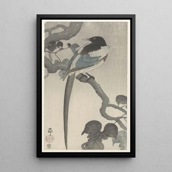 Pie sur une branche d'arbre - Ohara Koson — gerahmtes Bild an der Wand