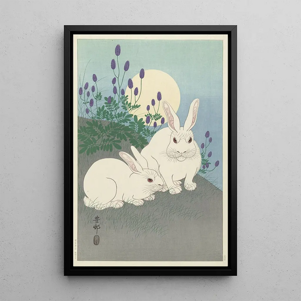 Lapins en taille réelle - Ohara Koson — gerahmtes Bild an der Wand