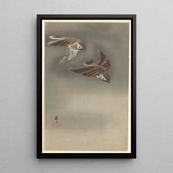 Moineaux à collier dans la neige - Ohara Koson — gerahmtes Bild an der Wand