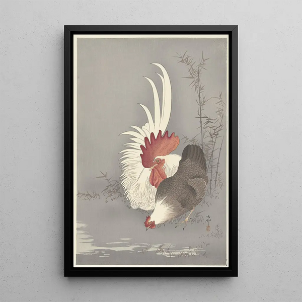 Coq und Huhn - Ohara Koson — gerahmtes Bild an der Wand