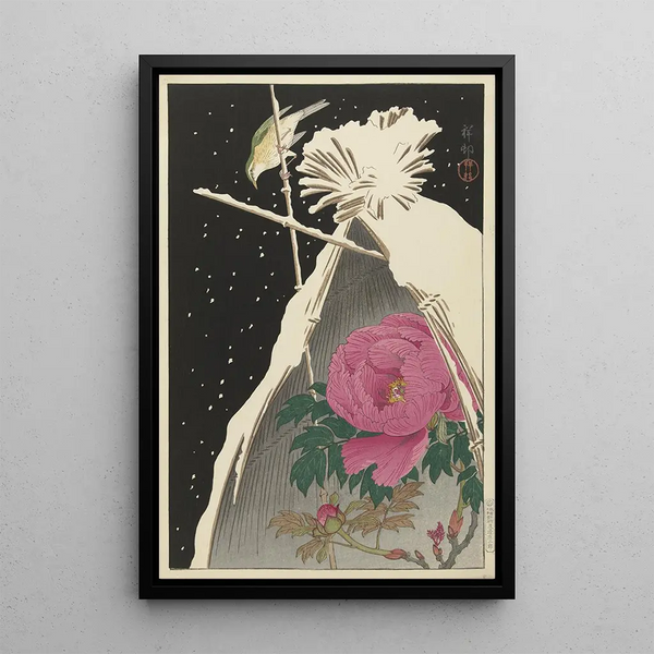 Sibierischer Nachtigall-Kunstdruck bei einer von einer verschneiten Heuhaufen geschützten Pfingstrose - Ohara Koson — gerahmtes Bild an der Wand