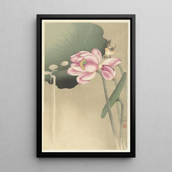 Singender Vogel und Lotus - Ohara Koson — gerahmtes Bild an der Wand