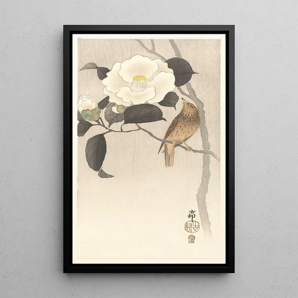 Singender Vogel und blühender Kamelie - Ohara Koson — gerahmtes Bild an der Wand