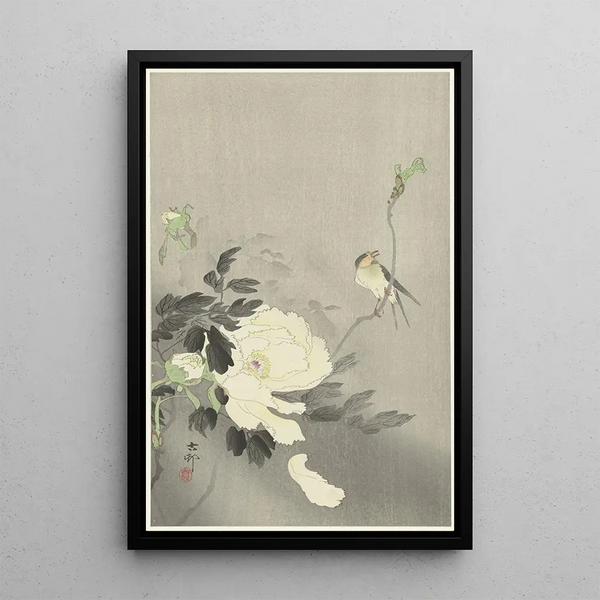 Hirondelle avec pivoine - Ohara Koson — gerahmtes Bild an der Wand