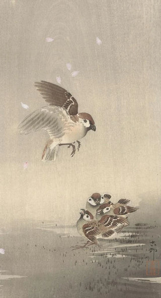 Ohara Koson - Tree sparrow with young.webp