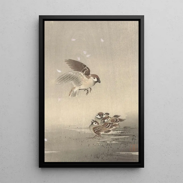 Moineau friquet avec jeune - Ohara Koson — gerahmtes Bild an der Wand