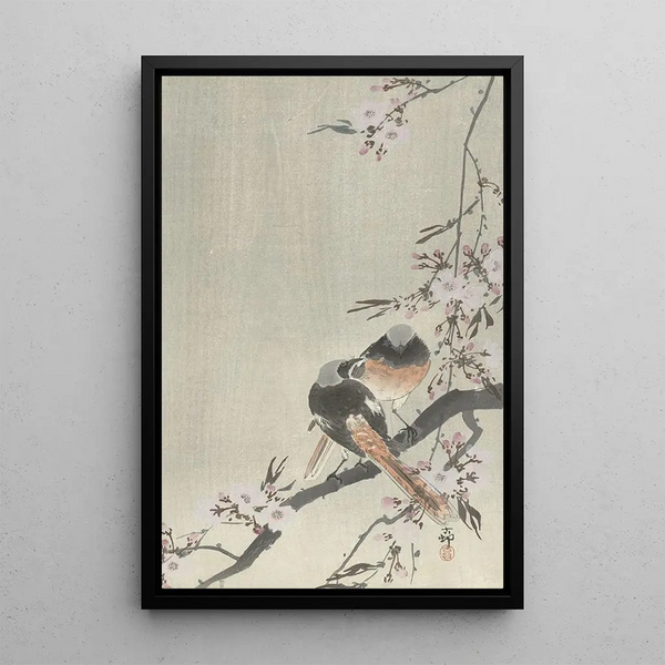 Zwei rote Schwanzfächer mit Kirschblüten - Ohara Koson — gerahmtes Bild an der Wand