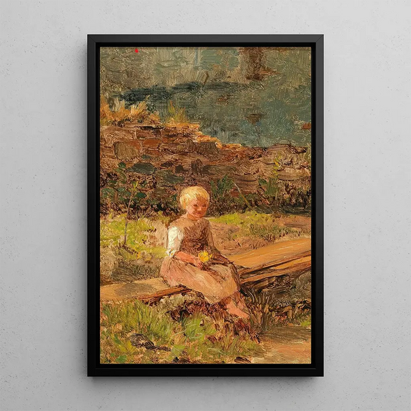Kinderbildnis sitzend auf einer Holzbrücke - Olga Wisinger-Florian — gerahmtes Bild an der Wand