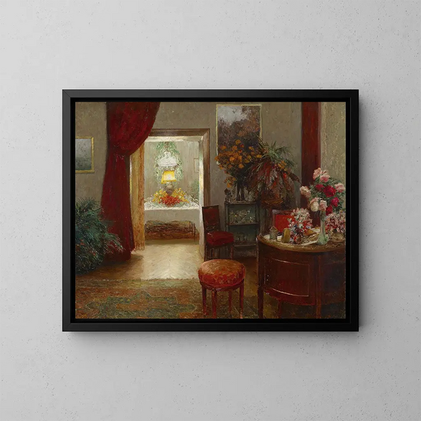 Innen-Gemälde mit einem gedeckten Tisch für eine Feier - Olga Wisinger-Florian — gerahmtes Bild an der Wand