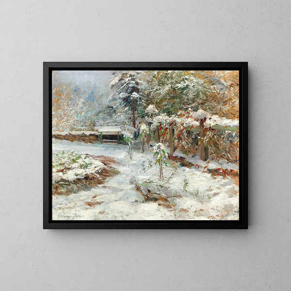 Schneefall im Oktober, Motiv des Gartens des Schlosses Hartenstein - Olga Wisinger-Florian — gerahmtes Bild an der Wand
