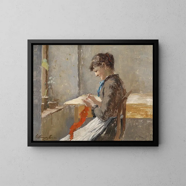 Frau beim Stricken am Fenster - Olga Wisinger-Florian — gerahmtes Bild an der Wand