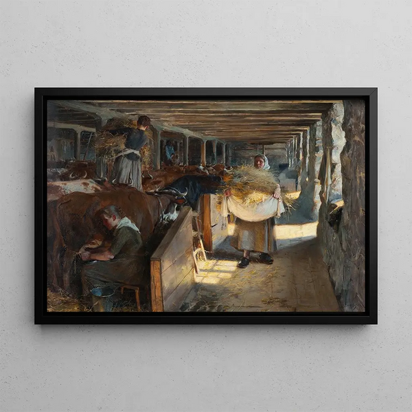 Mahlzeitenzeit in einem Stall - Oscar Björck — gerahmtes Bild an der Wand