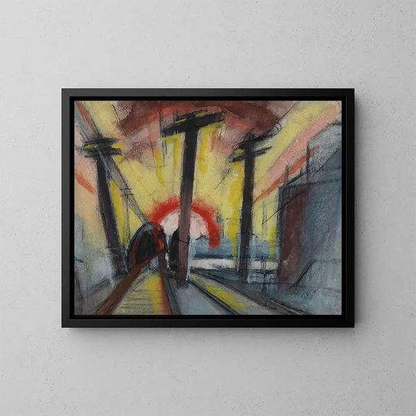 Stadtlandschaft mit Eisenbahnstrecken und Sonne - Oscar Bluemner — gerahmtes Bild an der Wand