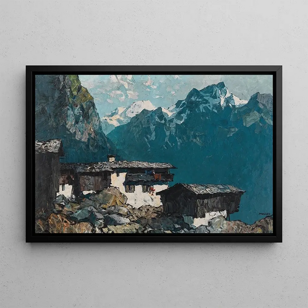 Haus eines Bergbauerndorfes - Oskar Mulley — gerahmtes Bild an der Wand
