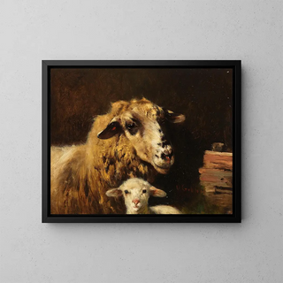 Schaf mit Lamm im Stall - Otto Gebler — gerahmtes Bild an der Wand