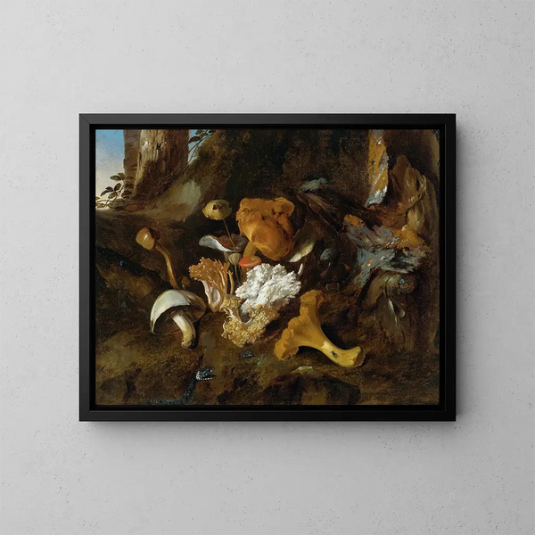 Naturmord von Unterholz mit Pilzen, Schmetterlingen und einer Schlange - Otto Marseus van Schrieck — gerahmtes Bild an der Wand