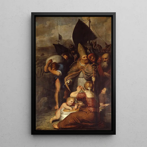 Pendant une famine à Myre, Saint Nicolas sauve le peuple - Otto van Veen — gerahmtes Bild an der Wand