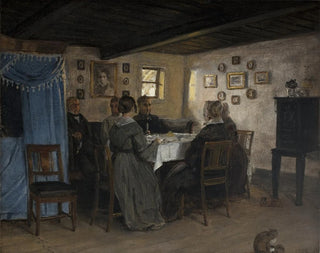 Die Freunde und die Familie der Künstler, die um einen Tisch in Vejby, Nordjütland, sitzen - P. C. Skovgaard — Ansicht des Kunstwerks