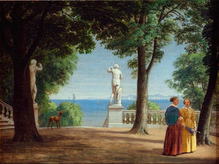 P C Skovgaard - View towards Kullen from a garden terrace with statues.webp