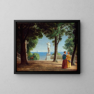 P C Skovgaard - View towards Kullen from a garden terrace with statues.webp