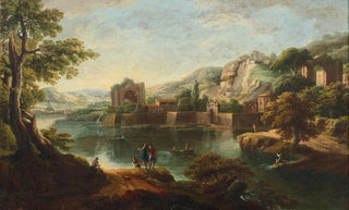 Paolo Anesi - A mountainous river landscape with fishing boats and anglers Roman ruins beyond.webp