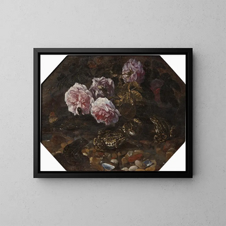 Frösche, wilde Rosen, Muscheln und Schmetterlinge - Paolo Porpora — gerahmtes Bild an der Wand