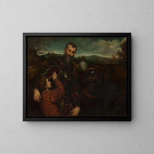 Portrait eines Mannes in Rüstung mit zwei Seiten - Paris Bordone — gerahmtes Bild an der Wand