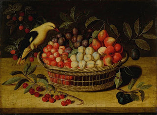 Naturstillleben mit Kirschen, Pflaumen, Himbeeren und anderen Früchten in einem Korb mit einem gelben Vogel - Paul Dorival — Ansicht des Kunstwerks