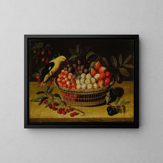 Naturstillleben mit Kirschen, Pflaumen, Himbeeren und anderen Früchten in einem Korb mit einem gelben Vogel - Paul Dorival — gerahmtes Bild an der Wand