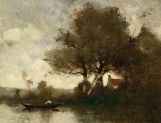 Paul Dsir Trouillebert - River landscape with a house and man in a boat.webp