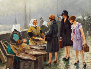 Drei junge Damen kaufen frischen Fisch am Gammel Strand - Paul Fischer — Ansicht des Kunstwerks
