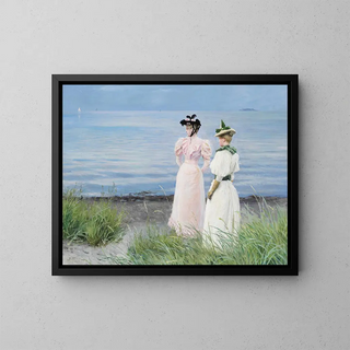 am Strand in Hellerup, Mademoiselle Elisabeth Fischer und Mademoiselle Anna Pauline Bruun an einem Sommertag am Strand in Hellerup - Paul Fischer — gerahmtes Bild an der Wand